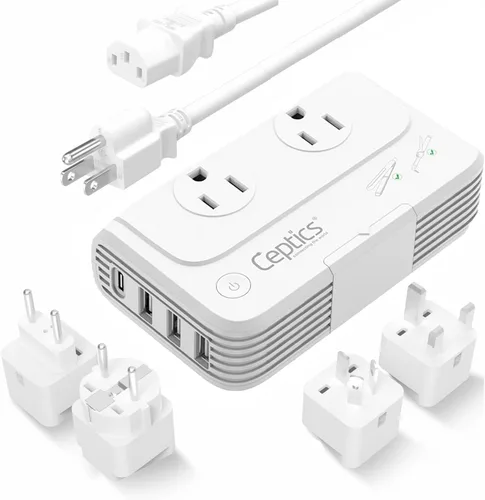 Adaptador de conexión universal a tierra Ceptics, 4 USB + convertidores 150 W, Blanco