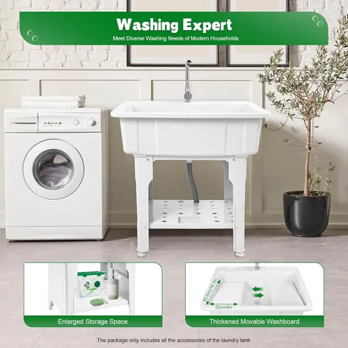 Miniatura 8 de Fregadero de Lavandería de Plástico Independiente con Tabla de Lavadero, Fregadero Utilitario para Interiores y Exteriores con Grifo de Agua Fría