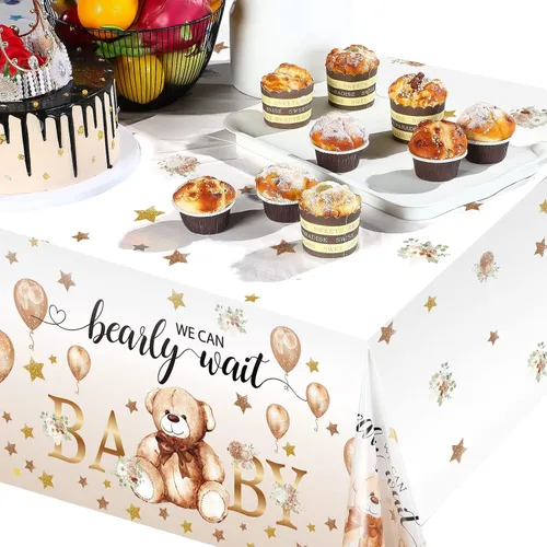 Miniatura 5 de Capoda Paquete de 3 manteles de oso para baby shower, fundas rectangulares de plástico para decoración de fiesta de revelación de género, 54 x 108