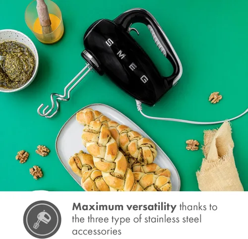 Miniatura 3 de Smeg Batidora de Mano Eléctrica Estilo Retro de los 50s en Negro con Juego de Batidores, Juego de Ganchos de Masa y Juego de Batidores