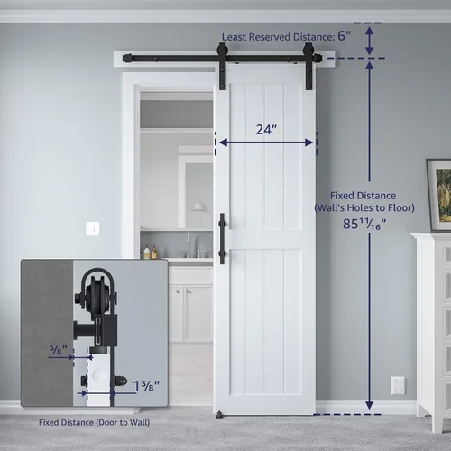 Miniatura 2 de Puerta corrediza de granero MDF de 24 x 84 pulgadas con kit de herrajes para puerta de granero de 4 pies y asa, agujeros preperforados, fácil Blanco