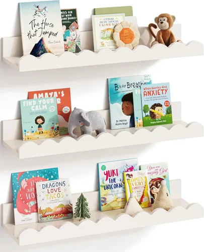 G&W Gruwald Juego de 3 estantes para libros de guardería, decoración de guardería para bebés y niños pequeños, estantes festoneados, estante de