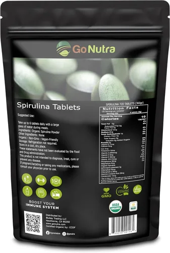 Go Nutra Tabletas de espirulina orgánica | Superalimento de espirulina orgánica densa en nutrientes | Proteínas, vitaminas, minerales, fibras,