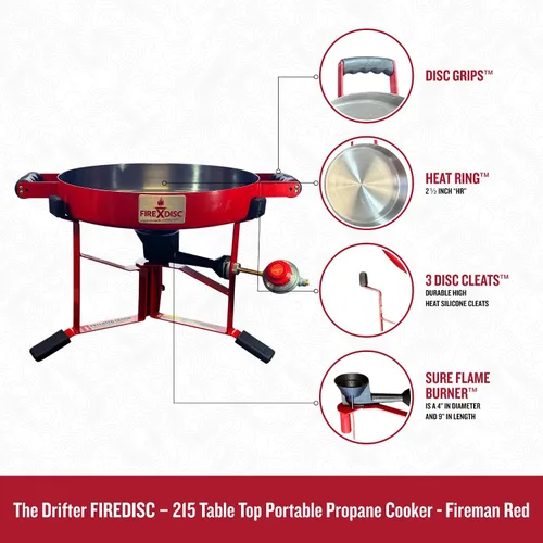 Miniatura 3 de FIREDISC 215 Cocina de Propano de Mesa Ultra Portátil en Rojo Bombero TCGFD215R, la Estufa de Campamento de Disco de Arado de 16.5 pulgadas es una