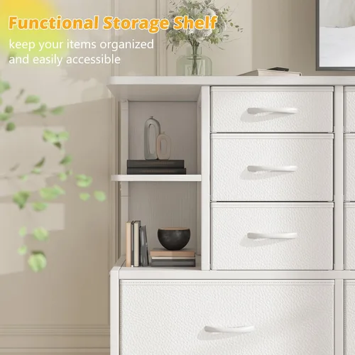 Miniatura 9 de EnHomee Cómoda blanca para dormitorio con luces LED y 12 cajones con 4 estantes abiertos, cómoda de tela y cómoda, marco de metal, 45.2 pulgadas