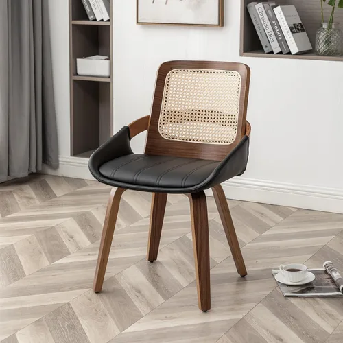 Miniatura 10 de Sillas de comedor de caña – Sillas de comedor modernas de mediados de siglo con marco de madera curvada de nogal, respaldo ergonómico de ratán