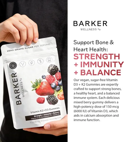 Miniatura 5 de Barker Wellness D3 K2 - Gomitas de vitamina – Potencia máxima 6000IU D3 + 200 mcg K2 para huesos fuertes, bienestar cardiovascular, apoyo