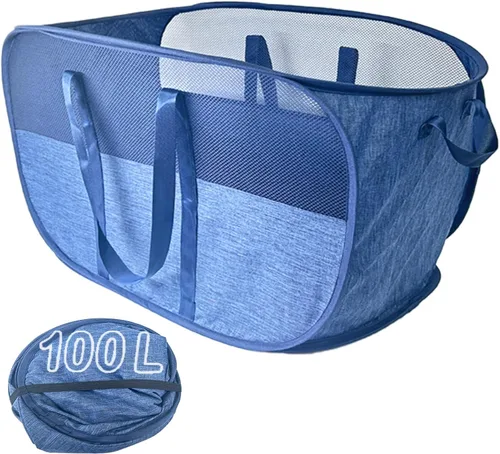 Miniatura 15 de Cesta de lavandería desplegable de malla extra grande de 100 litros con tapa y asas, paquete de 2, cesta de ropa sucia plegable XL