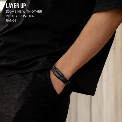 Miniatura 5 de Pulseras de cuentas y cuero para hombre Pulseras de cuentas de cuero negro entretejido y ónix negro Joyería minimalista de diseñador para hombres