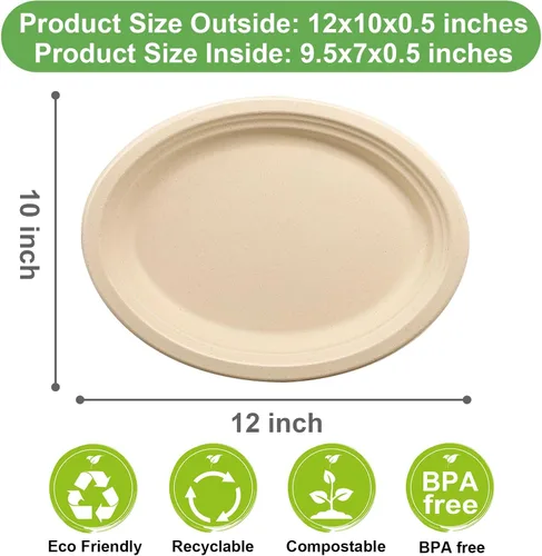Miniatura 3 de Platos de papel marrón ecológicos de 12 pulgadas, paquete de 100 platos de cena ovalados compostables resistentes