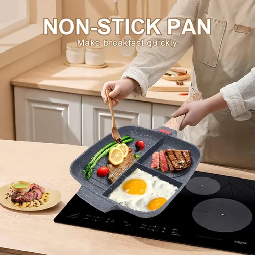 Miniatura 6 de Sartén Seccional, Sartenes de Parrilla para Estufas Antiadherentes de 3 Secciones Sartén para Desayuno Sartén para Comidas Plancha Sartén Dividida