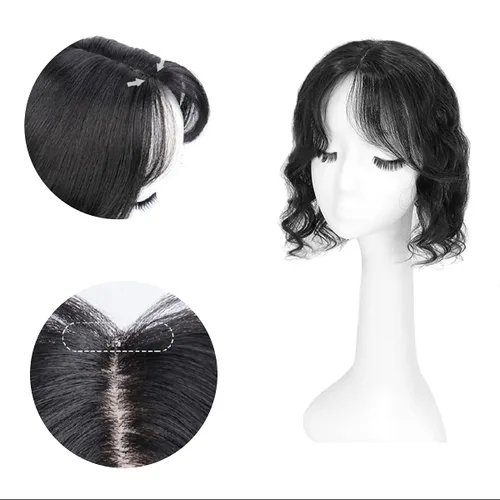 Miniatura 5 de Peluca de cabello humano rizado tipo tupé para mujer con flequillo lateral/flecos que añaden volumen al cabello, base de seda de 5 x 5 pulgadas