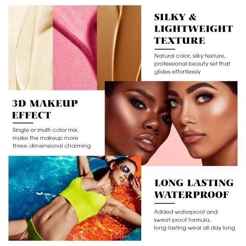 Miniatura 5 de Kit de contorno en crema de 3 piezas, rubor crema, iluminador, bronceador de contorno para mejillas, impermeable, de larga duración, mezclable, trío