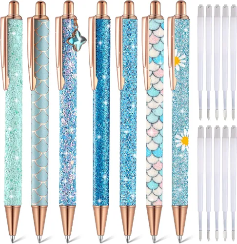 Miniatura 21 de Sherr 7 bolígrafos elegantes para mujer, lindos bolígrafos de purpurina brillantes con 10 recambios de tinta negra, bonitos regalos para niñas