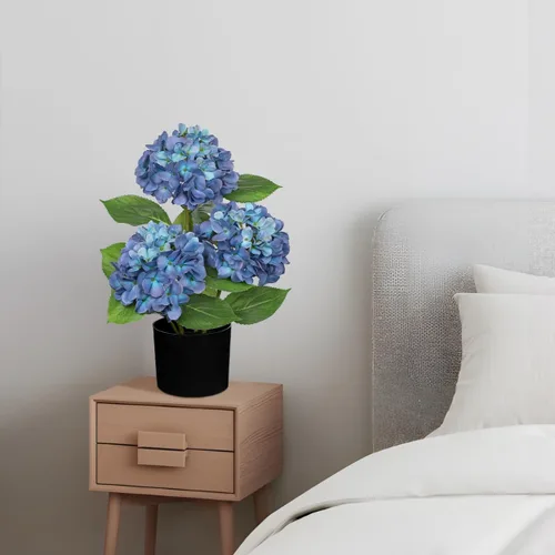 Miniatura 6 de Hollyone Flores artificiales de hortensias azules en maceta, flores grandes de seda de tres cabezas, arreglos florales falsos para interiores