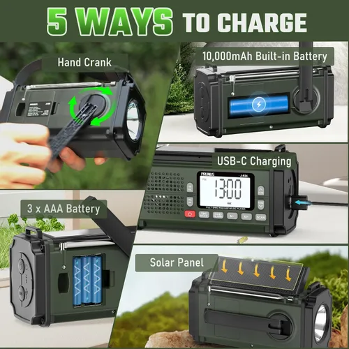 Miniatura 4 de PRUNUS J-924 10000mAh/37000mWh Radio de emergencia con manivela, pilas AAA, radio de emergencia solar, radio meteorológica NOAA AM/FM/SW, carga USB
