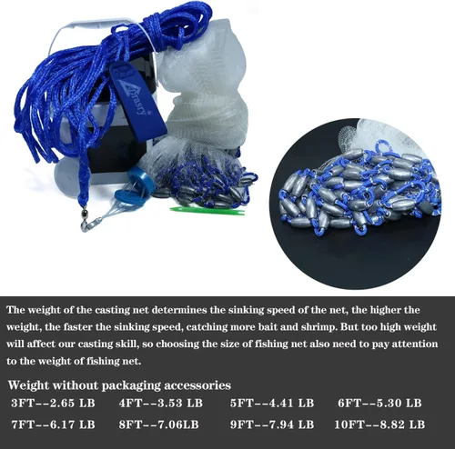 Miniatura 4 de Drasry Saltwater Fishing Cast Net for Bait 3/8 1/4 or 1/2 with Heavy Sinkers Fish Trap Throw Net. Size 3ft/4ft/5ft/6ft/7ft/8ft/9ft/10ft Radius