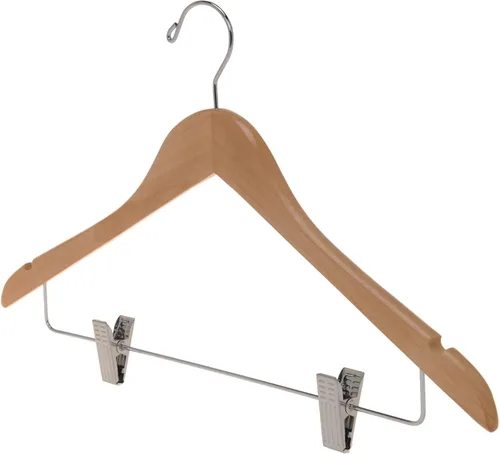 Miniatura 8 de Perchas de madera de calidad para faldas con clips, paquete de 80 perchas naturales para pantalones con clips de metal cromado ajustables, gancho