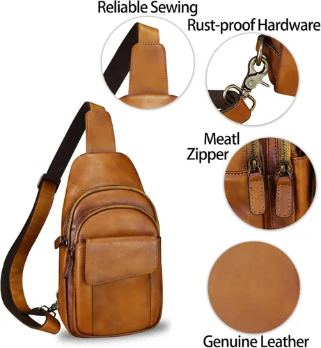 Miniatura 6 de LRTO Bolso de cuero genuino para hombres y mujeres retro de cuero real bandolera bandolera bandolera bolso de pecho