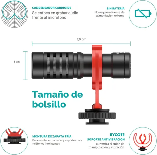 Miniatura 5 de Movo VXR10 Micrófono Shotgun Universal para Cámara - Micrófono de Cámara para DSLR, iPhone y Teléfonos Inteligentes Android - Compatible con Cámaras