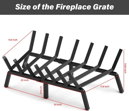 Miniatura 2 de SNOGSWOG Rejilla de chimenea de 24 pulgadas, estante para leña de acero sólido, rejillas de fuego resistentes, estante de chimenea negro mate