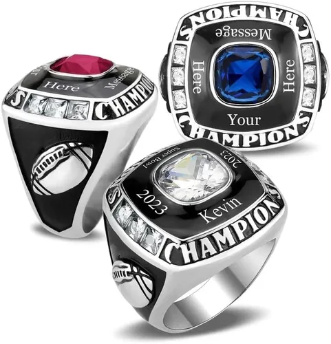 Miniatura 20 de Anillo de campeonato de acero inoxidable con texto y color personalizados - Trofeo, fútbol americano, béisbol, baloncesto, deportes electrónicos