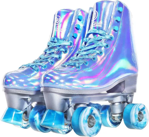JajaHoho Patines de ruedas para mujer, patines de cuero sintético holográfico azul Very Peri de caña alta, patines cuádruples brillantes de doble