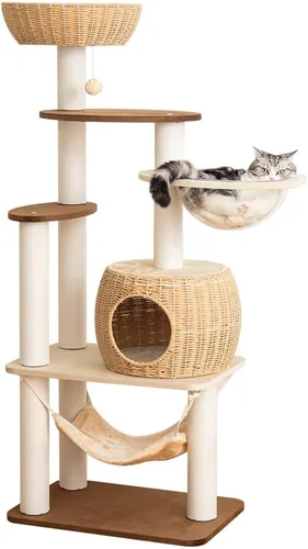 Miniatura 16 de Wood Cat Tree for Large Cats, 50'' Modern Indoor Cat Tower with Basket Beds, Cat Condo & Clear Hammock, Multi-Level Wooden Cat Furniture for Home