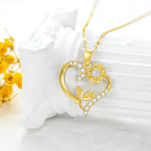Miniatura 10 de Collar de flor de nacimiento de oro real de 14 quilates para mujer, oro amarillo creado moissanita con colgante de corazón, collares