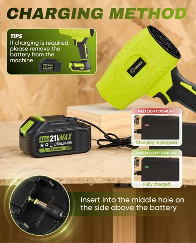 Miniatura 7 de Saker Soplador de hojas inalámbrico, limpiador de polvo portátil, sopladores de mano, 2 baterías de 4.0 Ah, 180.000 rpm, plumero de aire con Verde