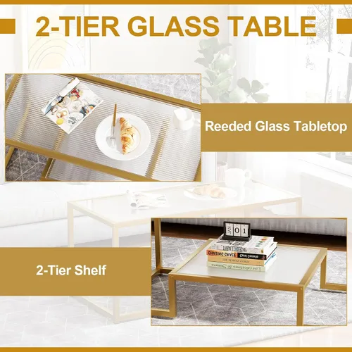 Miniatura 5 de Mesa de café Wolawu Mesa de café dorada de vidrio para sala de estar, mesa de centro rectangular de 2 niveles con tapa de vidrio acanalada y marco
