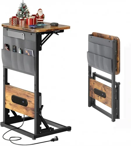 Miniatura 10 de HLDIRECT - Mesa auxiliar en forma de C con estación de carga, mesa lateral para sofá con bolsa de almacenamiento, bandeja para TV ajustable
