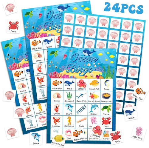Liliful Tarjetas de juego de bingo de animales del océano para niños, 24 tarjetas de bingo de mar, juego temático del océano para fiestas bajo el