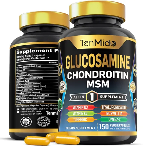 Suplemento MSM de glucosamina condroitina – Fórmula 12 en 1 – Combina con cúrcuma, ácido hialurónico, boswellia, omega-3, bromelina, jengibre y más