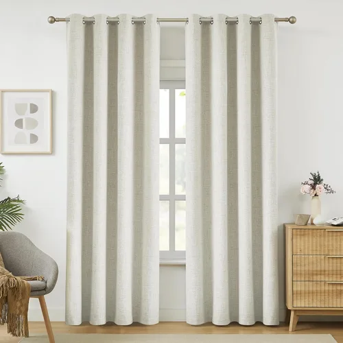 Miniatura 11 de Cortinas opacas de lino beige Melodieux de 63 pulgadas de largo para dormitorio, sala de estar, 100% cortinas con ojales para bloquear la luz