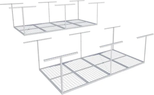 FLEXIMOUNTS Estante de Almacenamiento Aéreo para Garaje de 4x8 pies, Sistema de Organización Ajustable, Estantes de Techo de Metal de Servicio Blanco