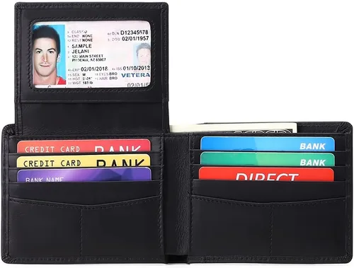 Miniatura 2 de GOIACII - Elegante cartera de cuero genuino para hombre, tarjetero espacioso con bloqueo RFID, doble blando, 2 tarjetas de identificación