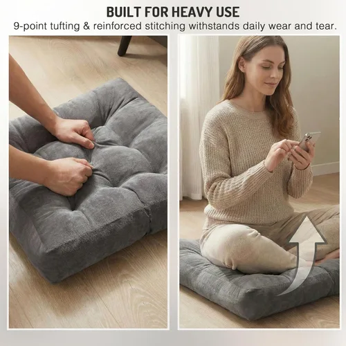 Miniatura 6 de Juego de 2 almohadas de suelo de meditación, almohadas cuadradas grandes para adultos, cojín de pana copetuda para sala de estar de tatami, gris, 22