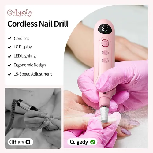 Miniatura 5 de Ccigedy Taladro eléctrico de uñas, lijadora profesional inalámbrica con pantalla LCD y lámpara, amoladora de uñas recargable para mujeres, kit