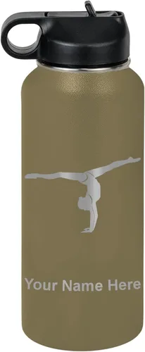 Miniatura 26 de LaserGram Botella de agua personalizada, gimnasta niña, acero inoxidable de doble pared aislada al vacío con popote superior, regalo grabado Azul