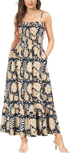 GRACE KARIN Vestido largo de verano 2024 para mujer, casual, sin mangas, tirantes delgados, fruncido con volantes, con bolsillos
