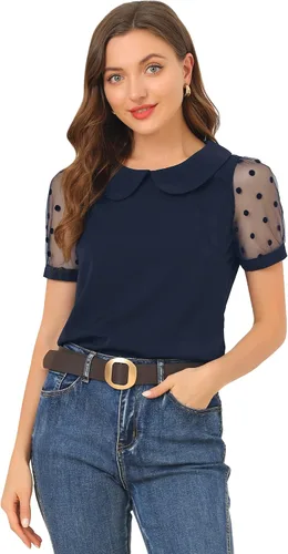Allegra K Blusa de manga corta con cuello Peter Pan para mujer, estilo vintage, con lunares