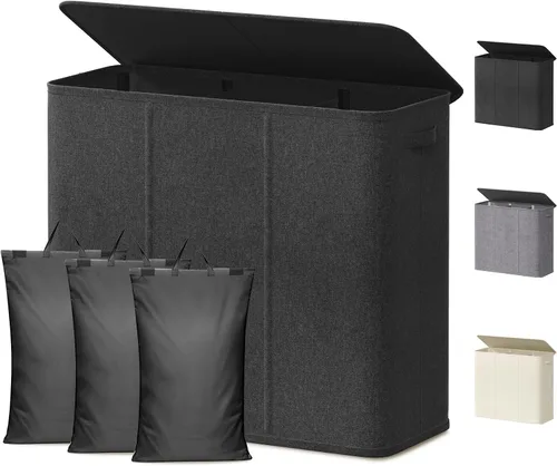 Miniatura 32 de Lifewit Cesta de lavandería doble con tapa y bolsas de lavandería extraíbles, gran plegable, 2 divisores, cesta de ropa sucia con asas para Negro