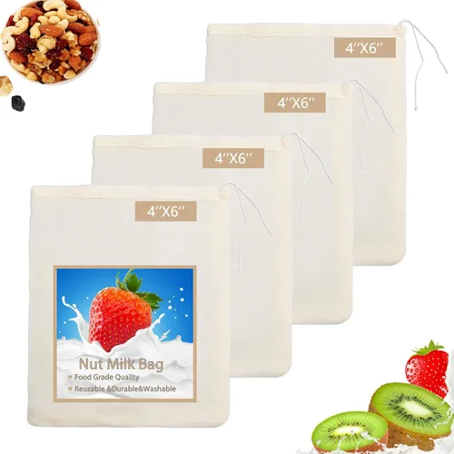Bolsa de leche de nuez, paquete de 4 paños de queso reutilizables para colar, café frío y bolsas de caldo de huesos (4 x 6 pulgadas)