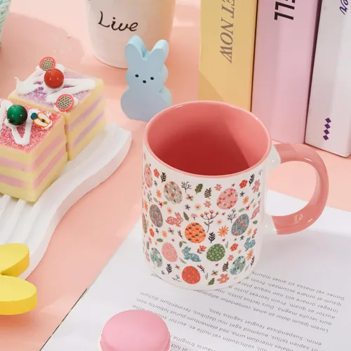 Miniatura 3 de JarThenaAMCS Taza de té de cerámica con diseño de conejo y huevo de Pascua, taza de café rosa para fiesta de primavera, hogar, escuela, oficina