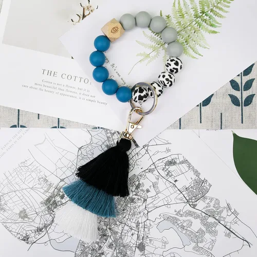 Miniatura 7 de Bisanzoya Beaded Keychain with Tassel, Silicone Key Ring Bracelet, Cute Boho Car Key Chain Wristlet for Women