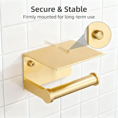 Miniatura 5 de YOUDA Soporte de papel higiénico dorado con estante de montaje en pared, autoadhesivo, sin taladro ni tornillo, aluminio resistente al óxido, ahorro