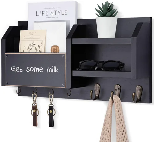 Lwenki Soporte para llaves y correos – Colgador de pared para llaves con estante y 7 ganchos de metal – Organizador decorativo de entrada de madera