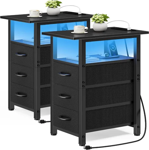 Miniatura 18 de Vagusicc Mesita de noche negra con estación de carga y luces LED, mesa auxiliar estrecha, mesita de noche LED con 3 cajones de tela para dormitorio