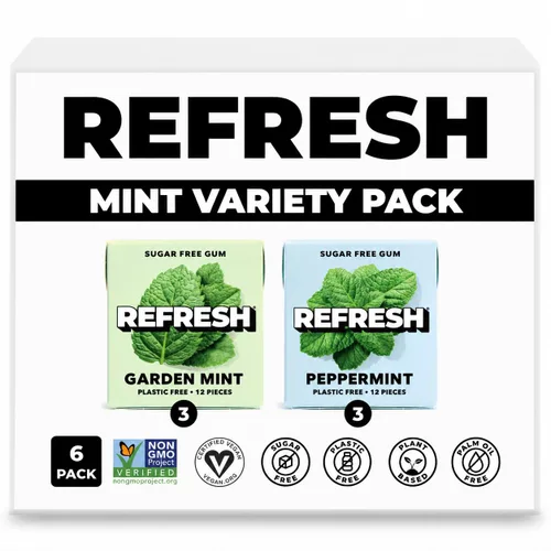 Refresh Gum, Sin azúcar, natural, xilitol, goma de mascar de larga duración, sabores naturales, ingredientes orgánicos, sin plástico, sin OMG, sin